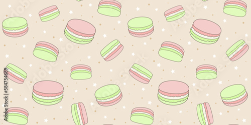 Pink and green macaroons on a beige background with small stars and dots. Endless texture with French sweet pastries. Vector seamless pattern for bakery, pastry shop, wrapping paper or surface texture