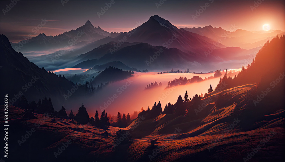Mystic sunrise with rolling fog in the mountains with Generative AI Technology