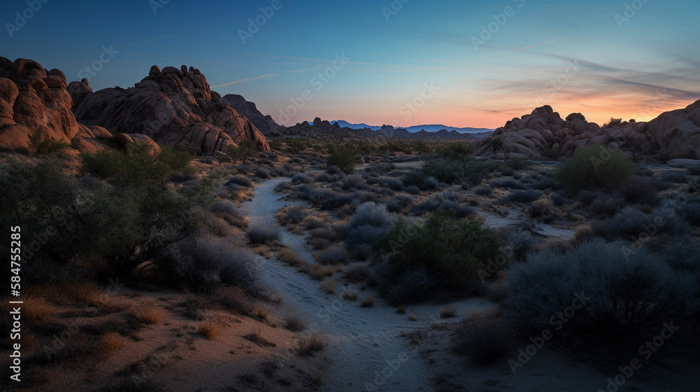 A serene desert landscape during the blue hour, with the last light of the day casting long, dramatic shadows