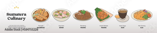 isolated sumatera culinary food bundle. Traditional cuisine hand drawn illustration vector.