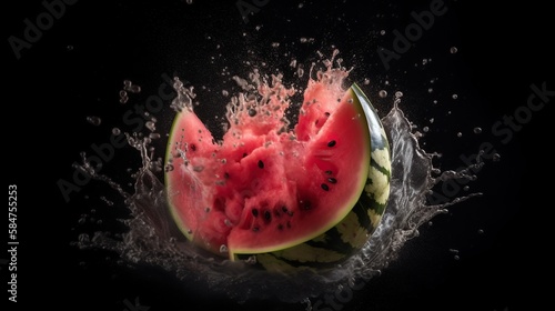Watermelon juicy explosion with water splashes on black background. Freeze moment illustration. Summer delicious and healthy food. AI generative image.