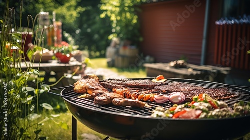 Outdoor bbq party on backyard background. Barbecue grilled food illustration. Juicy meat and vegetables. AI generative image. photo