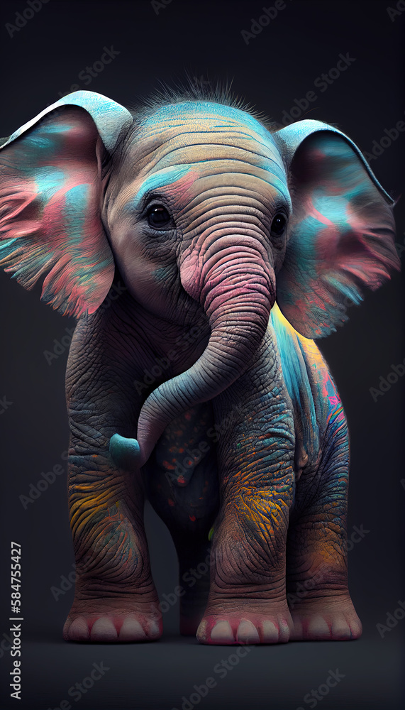 Obraz premium Colorful Cute Elephant Baby Standing Portrait AI Generative