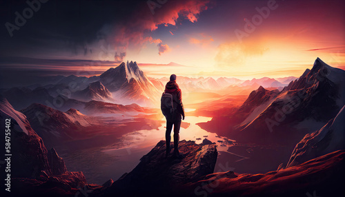 hiker celebrating success on top of a mountain in a majestic sunrise with Generative AI Technology