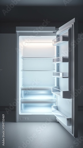 Clean big open fridge with empty shelves. Vertical illustration of kitchen refrigerator with no objects. Copy space. AI generative image.