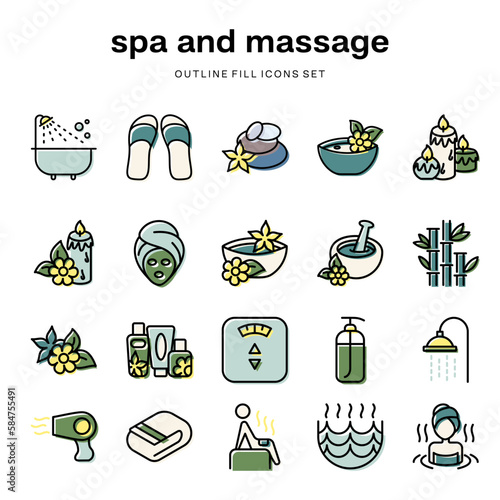 A spa and massage icon set with a picture of spa and massage items