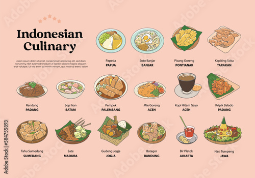 Isolated indonesian cuisine hand drawn illustration vector. Indonesian food set collection for background photo