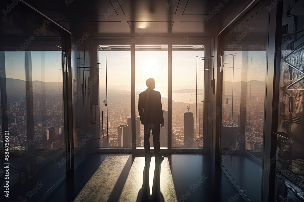 Back View of the Thoughtful Businessman wearing a Suit Standing in His Office, Contemplating Big Business Deal, Looking out of the Window. Big City Business District View. Non-existent Generative Ai. Back View of the Thoughtful Businessman wearing a Suit Standing in His Office, Contemplating Big Business Deal, Looking out of the Window. Big City Business District View. Non-existent Generative Ai.