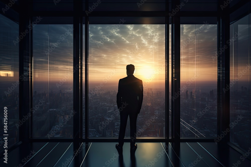 Back View of the Thoughtful Businessman wearing a Suit Standing in His Office, Contemplating Big Business Deal, Looking out of the Window. Big City Business District View. Non-existent Generative Ai.