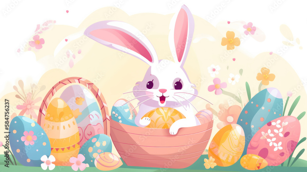 Fototapeta premium Easter bunny and easter eggs basket cartoon illustration. Generative AI
