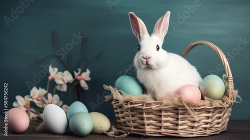 Easter bunny and easter eggs basket background composition. Generative AI