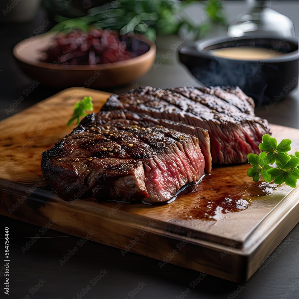 Juicy medium Beef Rib Eye steak slices in a pan on a wooden board with a fork and knife herbs spices and salt. grilled beef steaks with spices on wooden cutting board. Generative Ai
