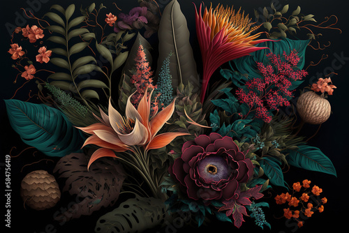 Tropical flowers and leaves, dark background. AI 