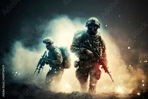 Armed soldiers with explosions on background. AI