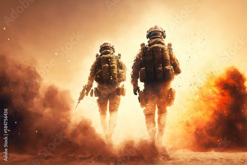 Armed soldiers with explosions on background. AI