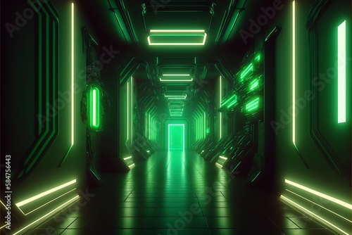 Futuristic neon green corridor (Generative AI) (ID: 584756443)