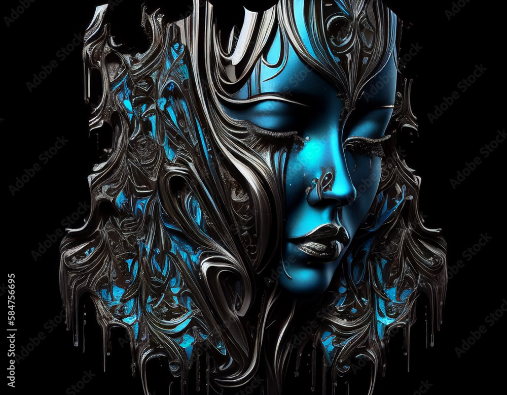 Naklejka premium a chrome mask lying on a solid black background, the reflective mask is that of a beautiful weeping goddess, blue moonlight reflects off the tears