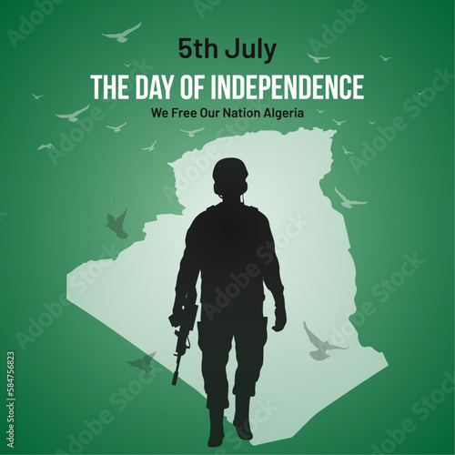 Algeria Independence Day Social Media Post, Greeting Card, Vector Illustration. 5th of July Algerian National Holiday Day Background with Elements of National Color, Map, Army, Pigeon, Square Format.