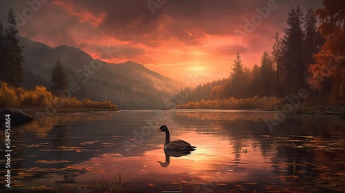 swans in mountain lake water. Beautiful mountain lake landscape. Lake in mountains. Generative Ai.