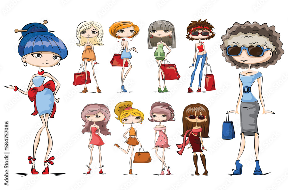 Hand drawn beautiful cute cartoon summer girls with bags. Vector illustration.