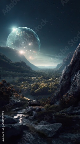 Milky Way and mountains at night. Beautiful landscape with bright milky way arch  rocky path  starry sky at night in Nepal. Trail in mountain valley  sky with stars. Generative Ai