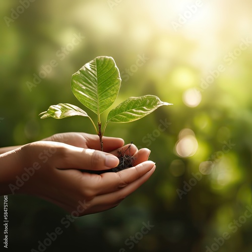 hand holding young plant with sunlight on green nature background. concept eco earth day. Generative Ai