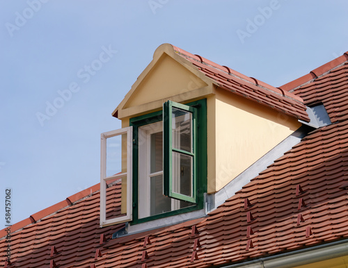 View of the open attic window on a rooftop with a clear blue sky in the background, Upper Town, Zagreb, Croatia