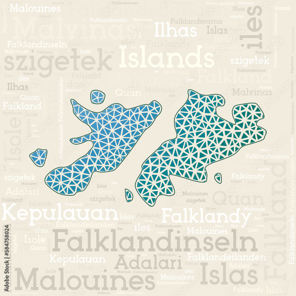 FALKLANDS map design. Country names in different languages and map shape with geometric low poly