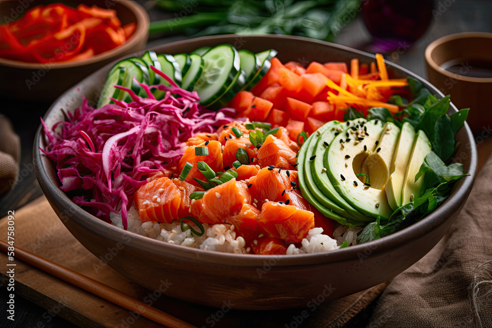 Salmon Poke Bowl with Avocado, Carrot, and Cucumber - Generative AI
