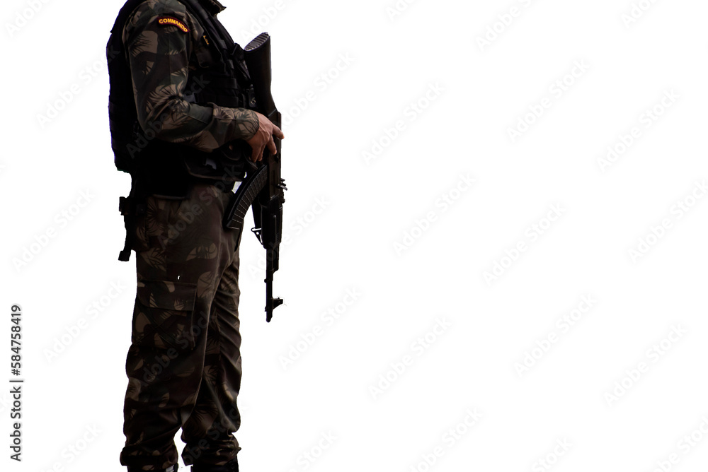 Security person army commando is standing against isolated white background with assault rifle.
