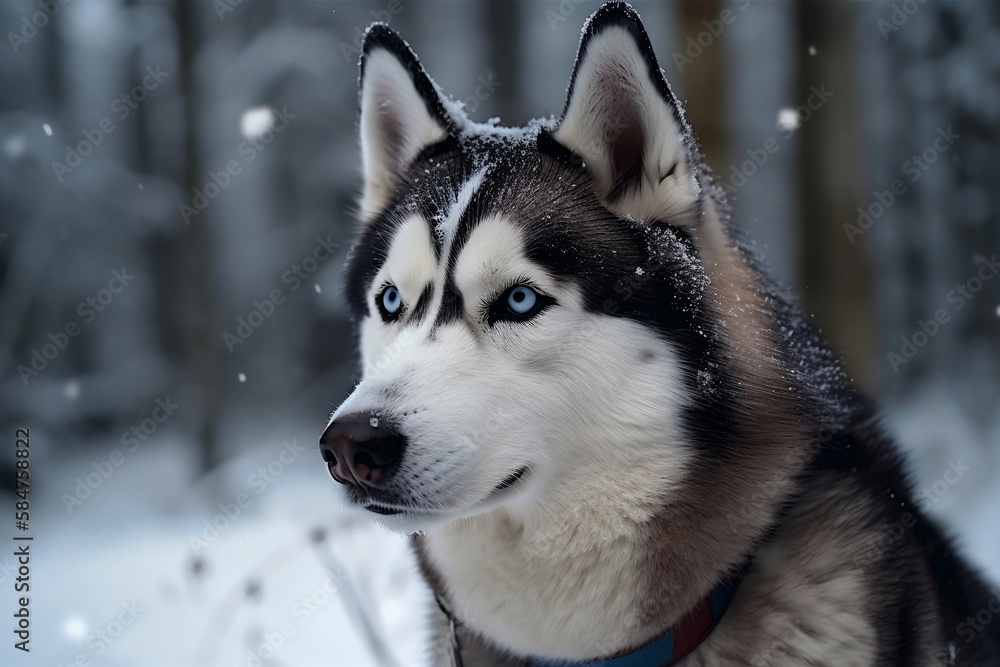 Siberian Husky dog in snowy outdoor Winter scene