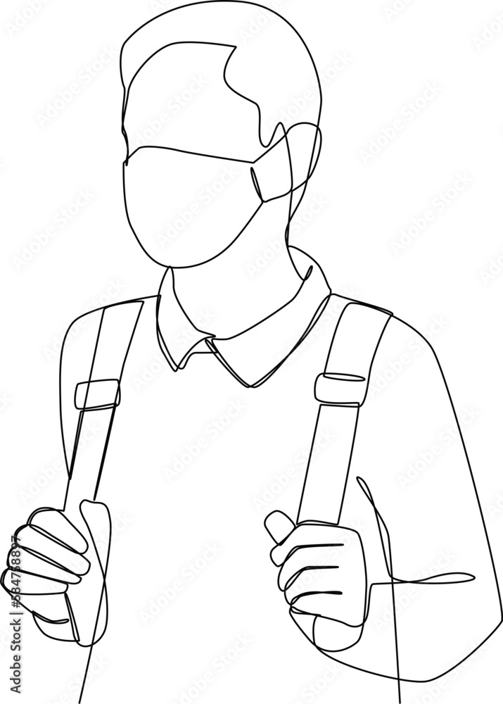 Continuous one-line drawing of students wearing a mask to school. Healthcare in school and office concept single line drawing design graphic vector illustration