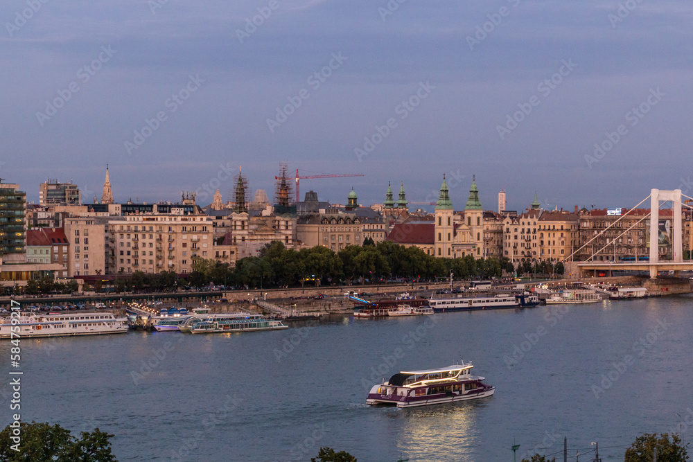 BUDAPEST, HUNGARY - AUGUST 14, 2019: Evening view of Danube river in Budapest, Hungary