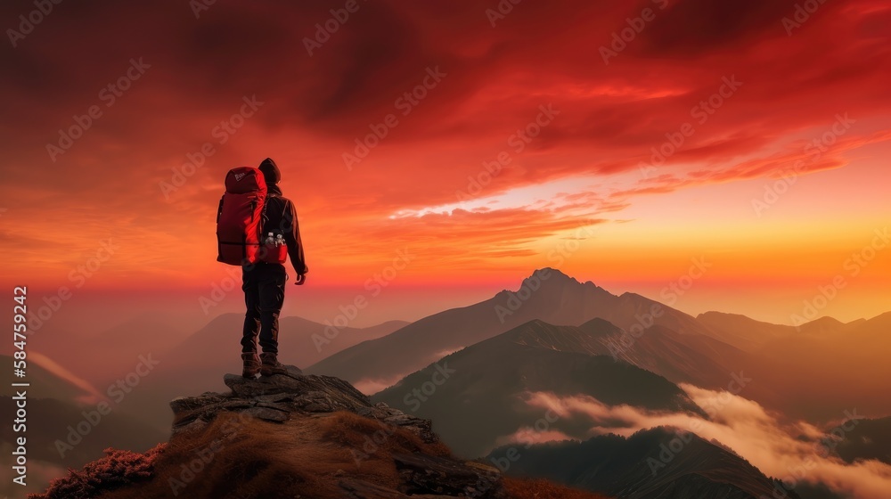 The man atop the red mountain gazed at the setting sun and orange clouds with a backpack. Serenity abounds. Generative AI