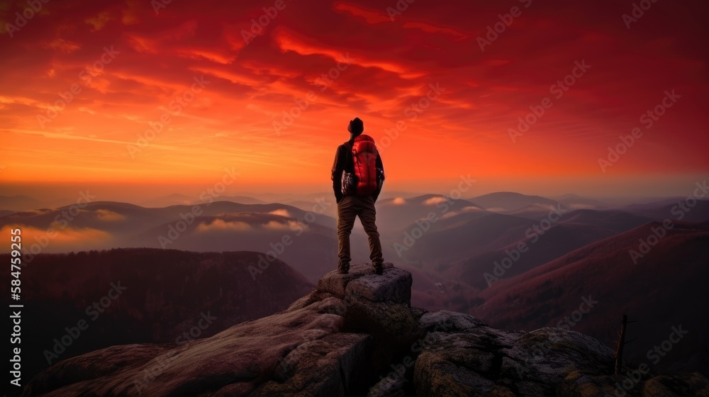 The man atop the red mountain gazed at the setting sun and orange clouds with a backpack. Serenity abounds. Generative AI