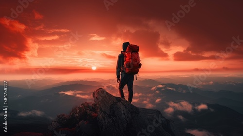 The man atop the red mountain gazed at the setting sun and orange clouds with a backpack. Serenity abounds. Generative AI