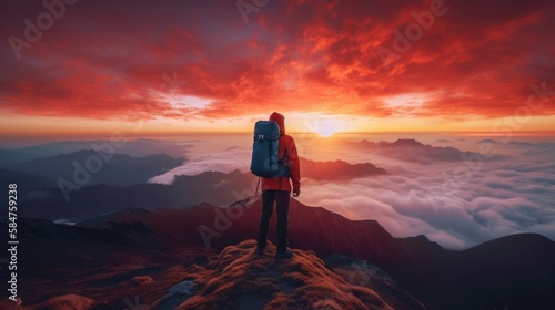 The man atop the red mountain gazed at the setting sun and orange clouds with a backpack. Serenity abounds. Generative AI © Gelpi