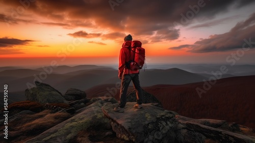 The man atop the red mountain gazed at the setting sun and orange clouds with a backpack. Serenity abounds. Generative AI
