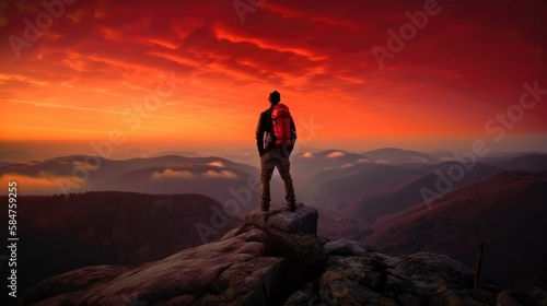 The man atop the red mountain gazed at the setting sun and orange clouds with a backpack. Serenity abounds. Generative AI © Gelpi
