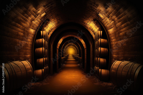 rustic dark wine cellar with wine barrels. Generative AI