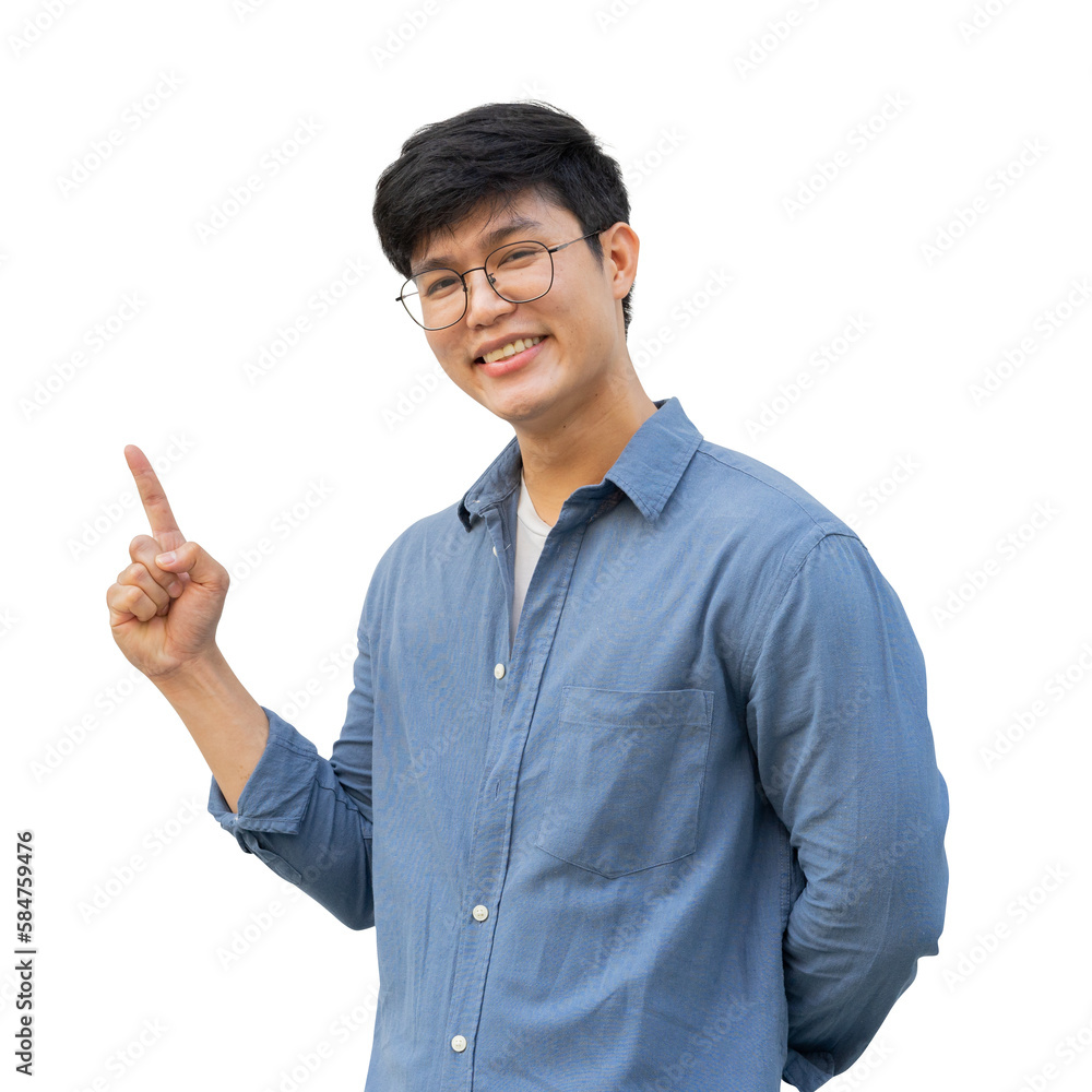 close up asian man smile during make hand gesturing (add content) on transparent background for business lifestyle and png design concept