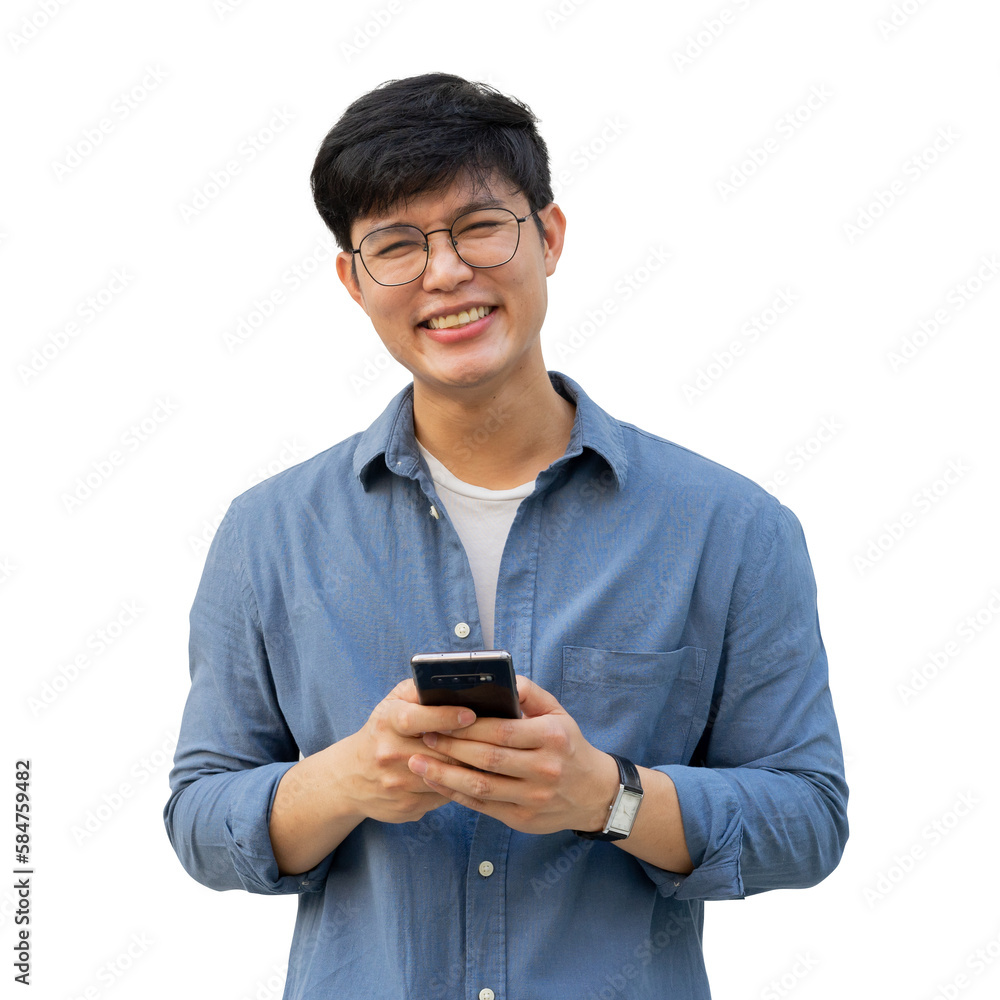 close up asian man hold mobile cell phone device and looking isolated on transparent background for lifestyle and png design concept close up asian man hold mobile cell phone device and looking isolated on transparent background for lifestyle and png design concept