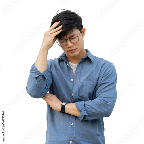close up young asian man massage on head after feel stress symptom or migraine  for unhealthy lifestyle and png design concept photo