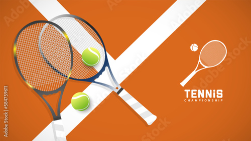 Tennis ball on Tennis racket on the white line clay court tennis , Simple flat design style  ,Illustrations for use in online sporting events , Illustration Vector  EPS 10