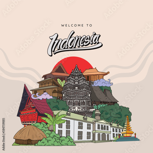 Indonesia Landmark. Hand drawn Indonesian cultures background