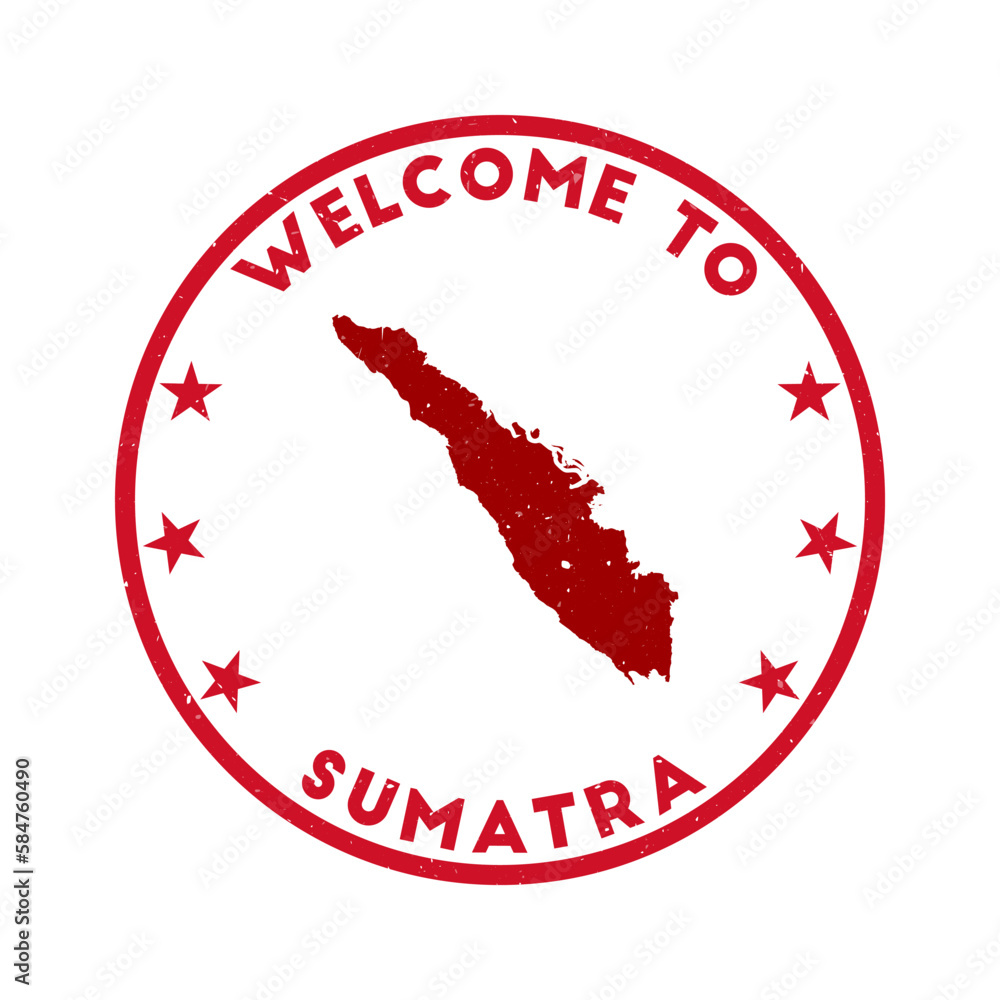 Welcome to Sumatra stamp. Grunge island round stamp with texture in Super Rose Red color theme. Vintage style geometric Sumatra seal. Astonishing vector illustration. Welcome to Sumatra stamp. Grunge island round stamp with texture in Super Rose Red color theme. Vintage style geometric Sumatra seal. Astonishing vector illustration.