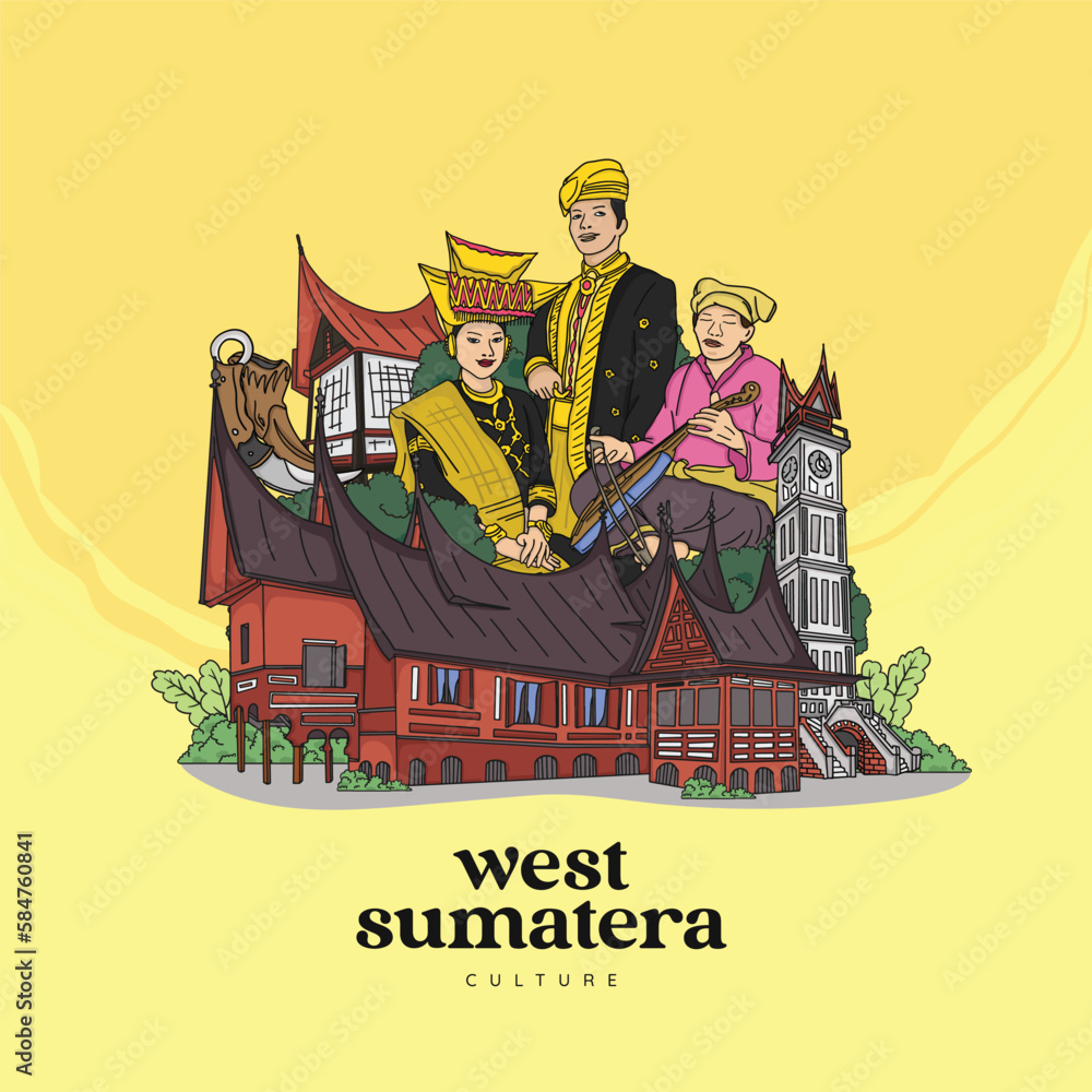 Obraz premium Set West Sumatera Minangnese Illustration. Hand drawn Indonesian cultures background.