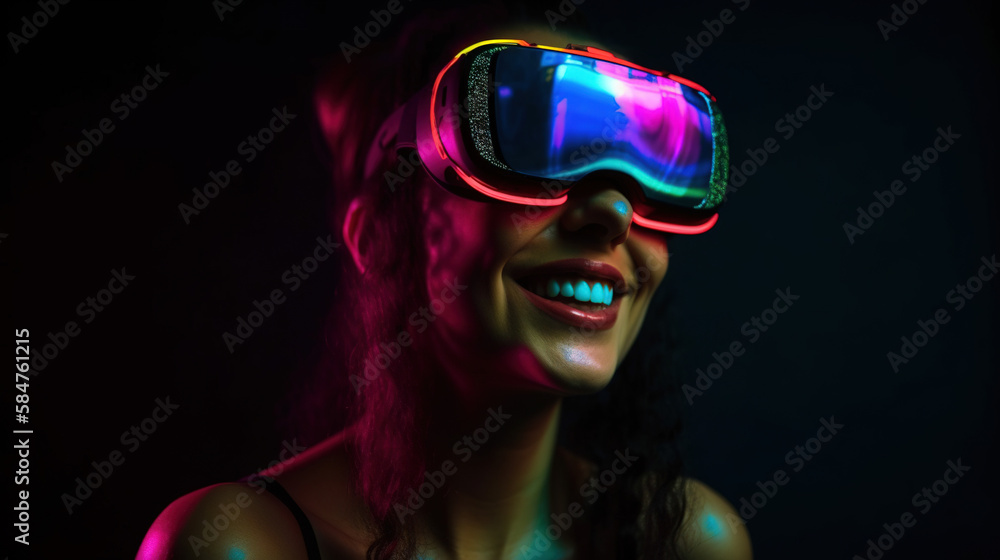 Portrait of an African-American woman in astonishment wearing a virtual reality headset. Vivid colors neon glowing HMD generative ai Portrait of an African-American woman in astonishment wearing a virtual reality headset. Vivid colors neon glowing HMD generative ai