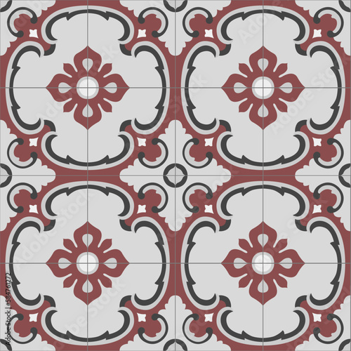 Ceramic tiles. Hydraulic ceramics with Portuguese and Spanish motifs. digital design. Floral decorative ornament in terracotta color. Portuguese and Spanish decoration. Vector illustration.