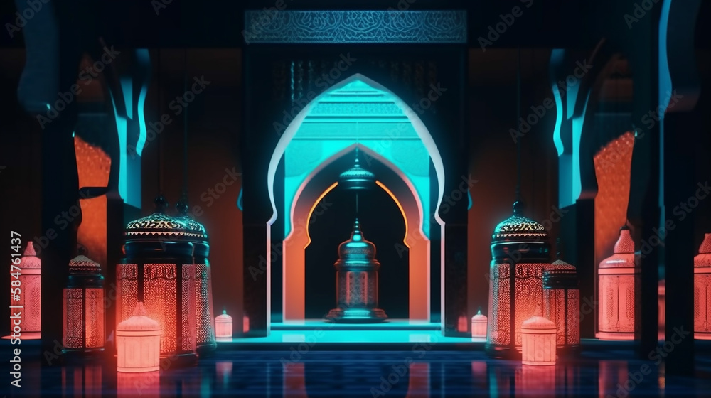 Neon mosque illustration, colorful mosque architecture - ai generative